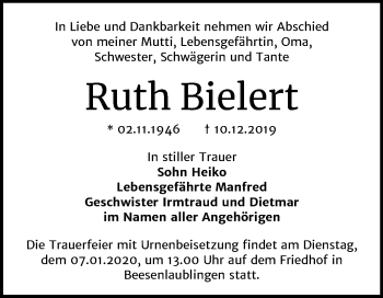 Traueranzeige von Ruth Bielert von Mitteldeutsche Zeitung Bernburg