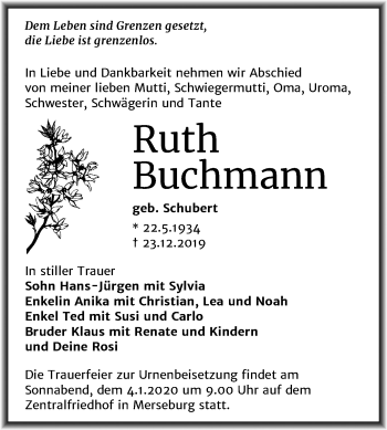 Traueranzeige von Ruth Buchmann von Mitteldeutsche Zeitung Merseburg/Querfurt