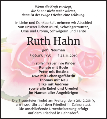 Traueranzeige von Ruth Hahn von Mitteldeutsche Zeitung Wittenberg