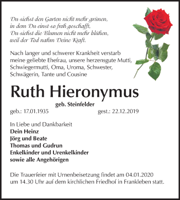 Traueranzeige von Ruth Hieronymus von Super Sonntag Merseburg/Querfurt