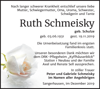 Traueranzeige von Ruth Schmeisky von Mitteldeutsche Zeitung Sangerhausen