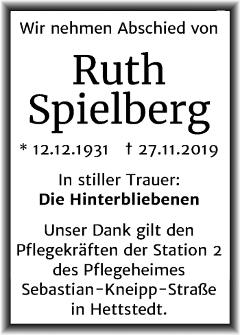 Traueranzeige von Ruth Spielberg von Super Sonntag Mansfelder Land