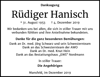 Traueranzeige von Rüdiger Hanisch von Wochenspiegel Mansfelder Land