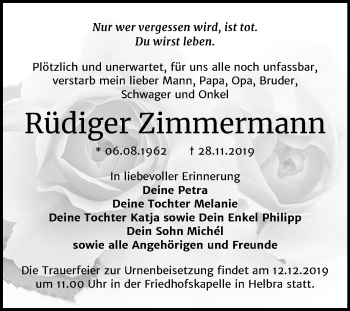Traueranzeige von Rüdiger Zimmermann von Mitteldeutsche Zeitung Mansfelder Land