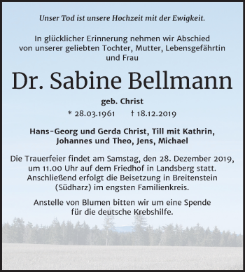 Traueranzeige von Sabine Bellmann von Mitteldeutsche Zeitung Halle/Saalkreis