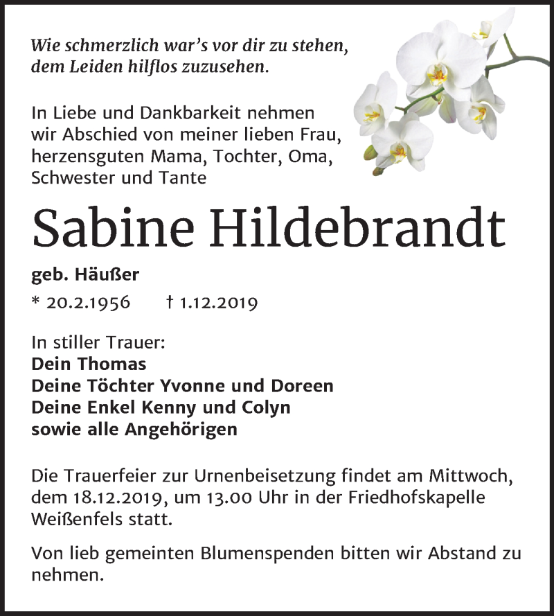  Traueranzeige für Sabine Hildebrandt vom 07.12.2019 aus Mitteldeutsche Zeitung Weißenfels