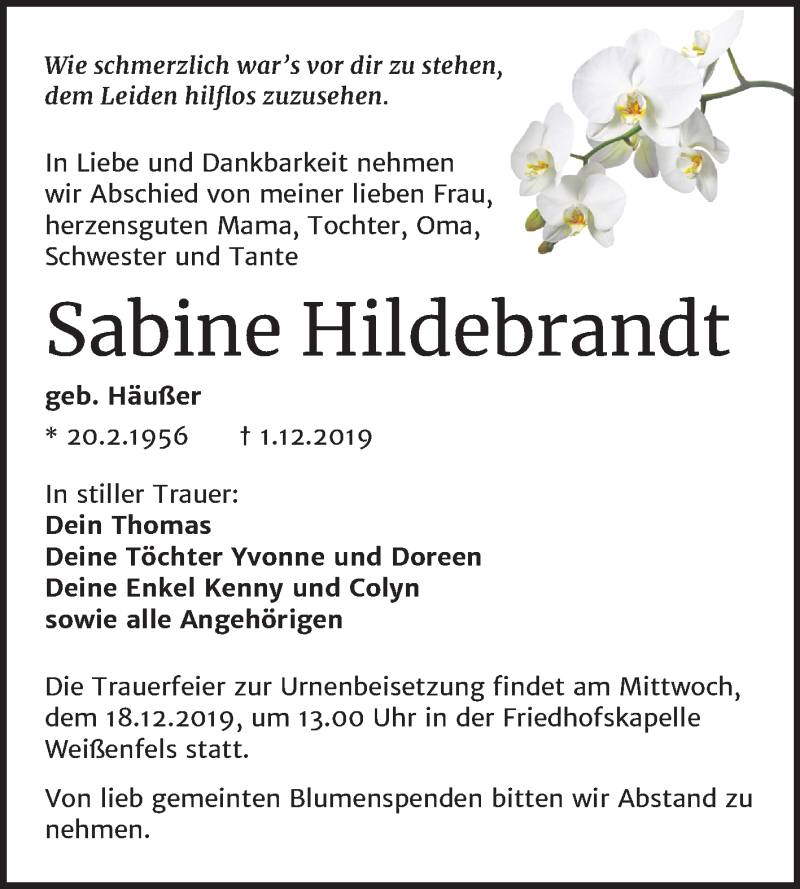  Traueranzeige für Sabine Hildebrandt vom 11.12.2019 aus Wochenspiegel Weißenfels