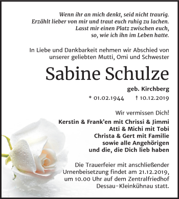 Traueranzeige von Sabine Schulze von Mitteldeutsche Zeitung Dessau-Roßlau