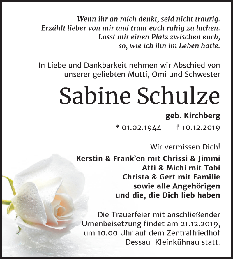  Traueranzeige für Sabine Schulze vom 17.12.2019 aus Mitteldeutsche Zeitung Dessau-Roßlau