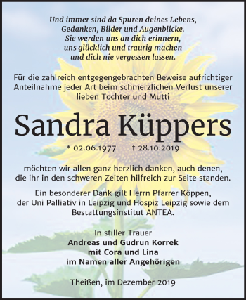Traueranzeige von Sandra Küppers von Mitteldeutsche Zeitung Zeitz