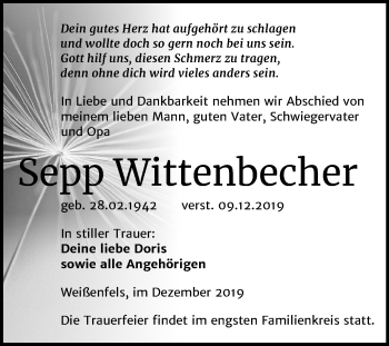 Traueranzeige von Sepp Wittenbecher von Mitteldeutsche Zeitung Weißenfels