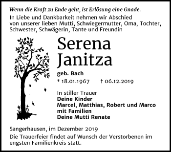 Traueranzeige von Serena Janitza von Mitteldeutsche Zeitung Sangerhausen