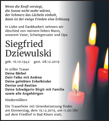 Traueranzeige von Siegfried Dziewulski von Mitteldeutsche Zeitung Naumburg/Nebra