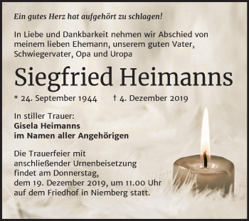 Traueranzeige von Siegfried Heimanns von Mitteldeutsche Zeitung Halle/Saalkreis