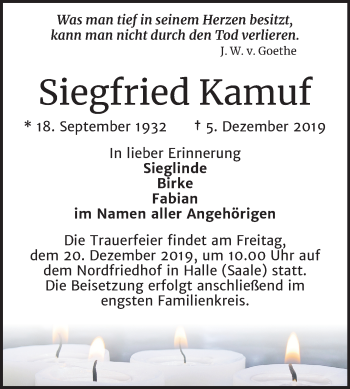 Traueranzeige von Siegfried Kamuf von Mitteldeutsche Zeitung Halle/Saalkreis