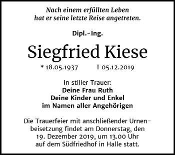 Traueranzeige von Siegfried Kiese von Mitteldeutsche Zeitung Halle/Saalkreis