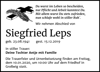 Traueranzeige von Siegfried Leps von Mitteldeutsche Zeitung Wittenberg