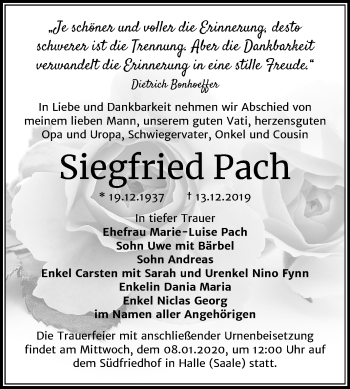 Traueranzeige von Siegfried Pach von Mitteldeutsche Zeitung Halle/Saalkreis