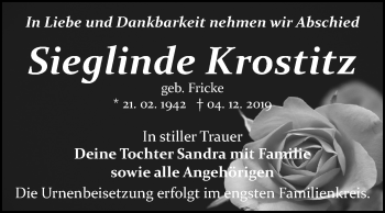 Traueranzeige von Sieglinde Krostitz von Mitteldeutsche Zeitung Bitterfeld