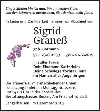 Traueranzeige von Sigrid Graneß von Super Sonntag Sangerhausen