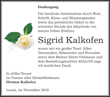 Traueranzeige von Sigrid Kalkofen von Mitteldeutsche Zeitung Merseburg/Querfurt