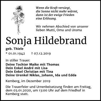 Traueranzeige von Sonja Hildebrand von Mitteldeutsche Zeitung Wittenberg