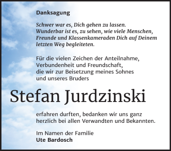 Traueranzeige von Stefan Jurdzinski von Wochenspiegel Naumburg/Nebra