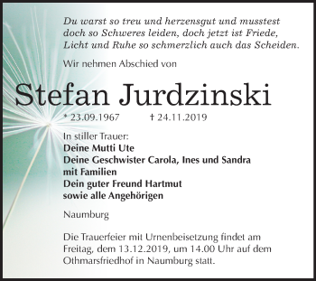 Traueranzeige von Stefan Jurdzinski von Wochenspiegel Naumburg/Nebra