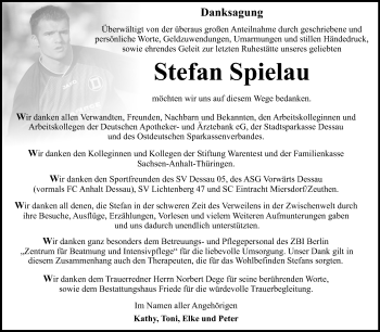 Traueranzeige von Stefan Spielau von Mitteldeutsche Zeitung Dessau-Roßlau