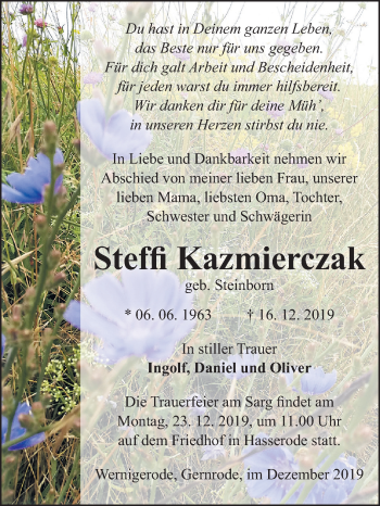 Traueranzeige von Steffi Kazmierczak von Mitteldeutsche Zeitung Quedlinburg