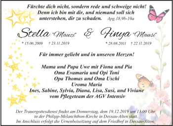 Traueranzeige von Stella und Finya  von Mitteldeutsche Zeitung Dessau-Roßlau