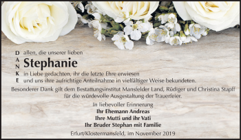 Traueranzeige von Stephanie  von Wochenspiegel Mansfelder Land