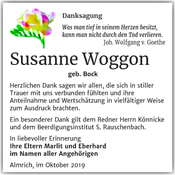Traueranzeige von Susanne Woggon von Wochenspiegel Naumburg/Nebra
