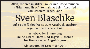 Traueranzeige von Sven Blaschke von Mitteldeutsche Zeitung Wittenberg