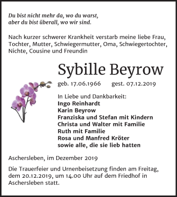 Traueranzeige von Sybille Beyrow von Super Sonntag Aschersleben