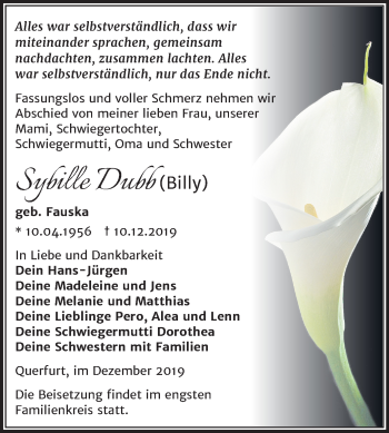 Traueranzeige von Sybille Dubb von Super Sonntag Merseburg/Querfurt