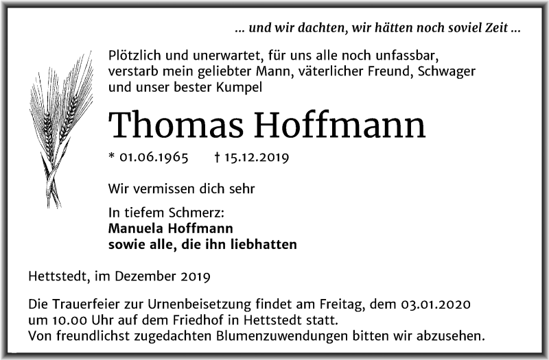  Traueranzeige für Thomas Hoffmann vom 21.12.2019 aus Super Sonntag Mansfelder Land
