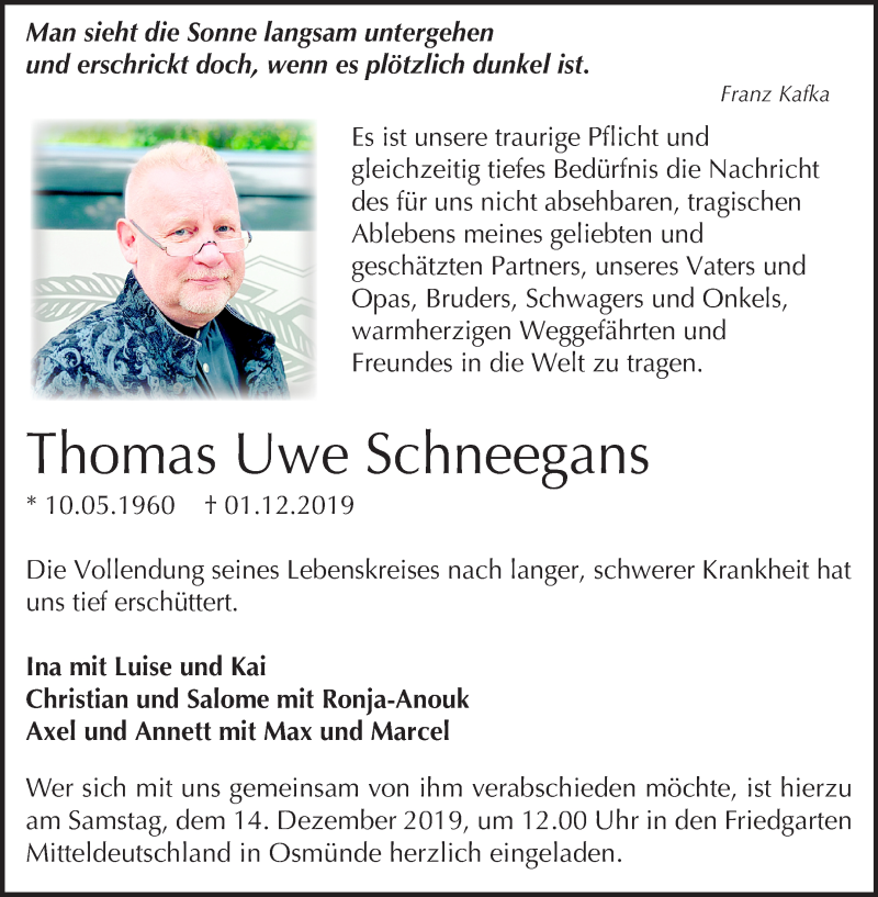  Traueranzeige für Thomas Uwe Schneegans vom 07.12.2019 aus Mitteldeutsche Zeitung Halle/Saalkreis / Merseburg/Querfurt