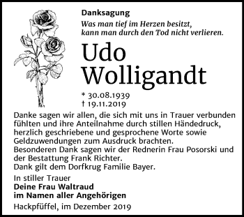 Traueranzeige von Udo Wolligandt von Super Sonntag Sangerhausen
