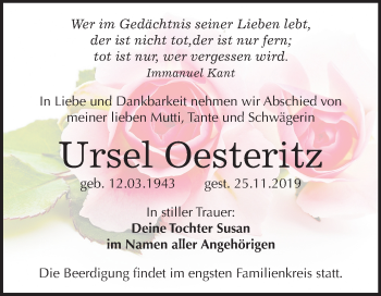 Traueranzeige von Ursel Oesteritz von Mitteldeutsche Zeitung Bitterfeld