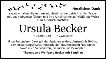 Traueranzeige von Ursula Becker von Mitteldeutsche Zeitung Dessau-Roßlau