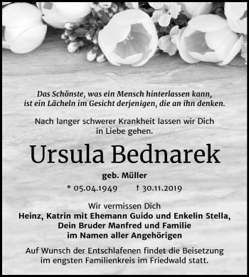 Traueranzeige von Ursula Bednarek von Super Sonntag Dessau-Roßlau