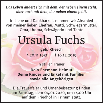 Traueranzeige von Ursula Fuchs von Mitteldeutsche Zeitung Köthen
