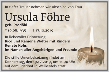 Traueranzeige von Ursula Föhre von Mitteldeutsche Zeitung Weißenfels