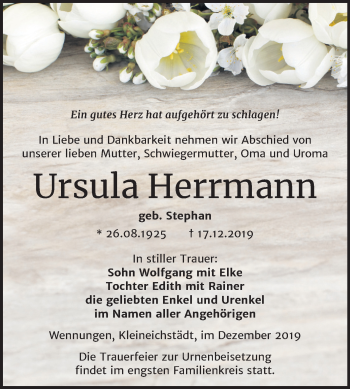 Traueranzeige von Ursula Herrmann von Mitteldeutsche Zeitung Naumburg/Nebra