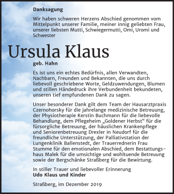 Traueranzeige von Ursula Klaus von Mitteldeutsche Zeitung Quedlinburg
