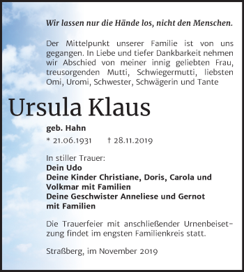 Traueranzeige von Ursula Klaus von Super Sonntag Quedlinburg