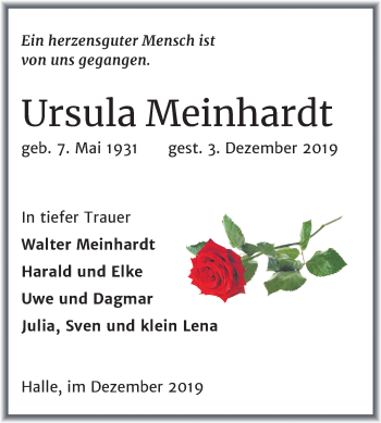 Traueranzeige von Ursula Meinhardt von Mitteldeutsche Zeitung Halle/Saalkreis