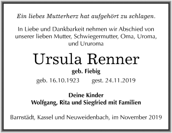 Traueranzeige von Ursula Renner von Mitteldeutsche Zeitung Merseburg/Querfurt