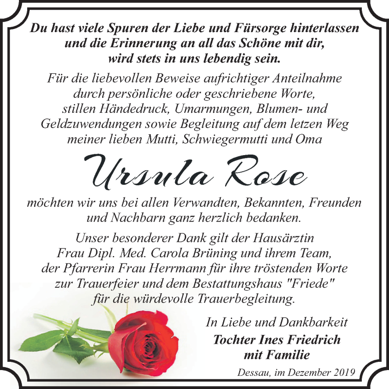  Traueranzeige für Ursula Rose vom 14.12.2019 aus Super Sonntag Dessau-Roßlau